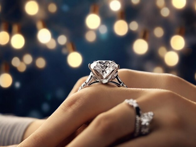 een diamanten ring met een diamant erop wordt gehouden door een vrouw