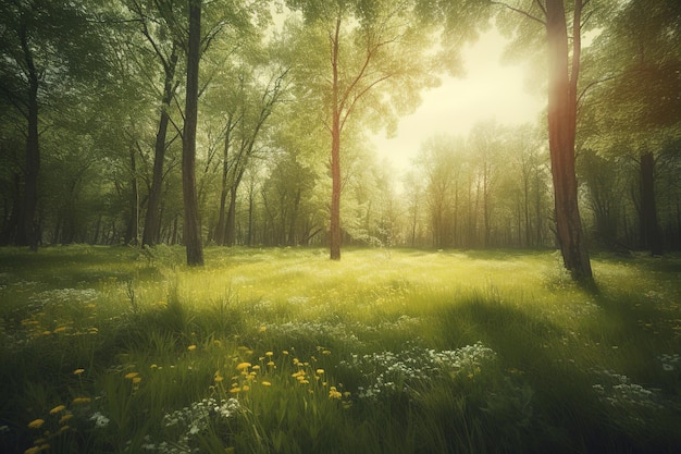 een dicht bos met een overvloed aan bomen en groen