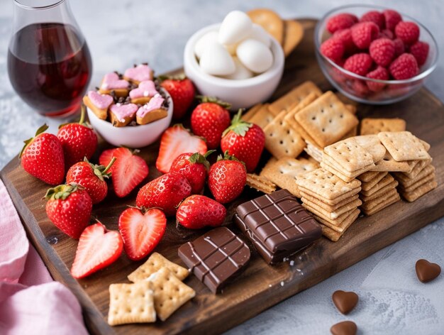 Foto een dienblad met aardbeien, aardbeien en chocolade op een tafel