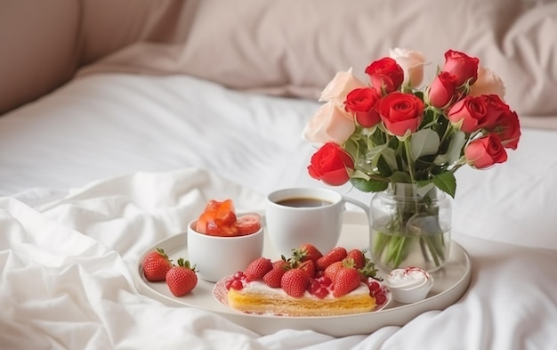 Een dienblad met aardbeien en een kopje koffie op een bed met een boeket rozen.