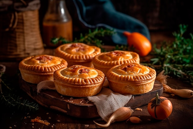 Een dienblad met appeltaarten op een houten tafel