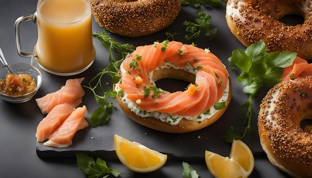 een dienblad met bagels, bagels en sinaasappels worden getoond met een glas sinaasappel sap