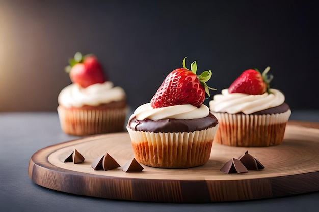 Een dienblad met chocoladecupcakes met daarop een aardbei.