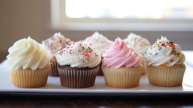 Een dienblad met cupcakes met glazuur en strooitjes erop.