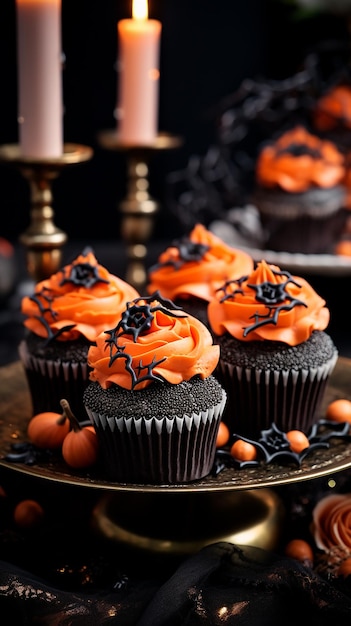 een dienblad met cupcakes met oranje glazuur en zwarte glazuur