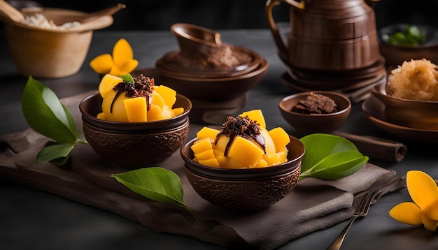 een dienblad met desserts met chocolade en ananas op een tafel