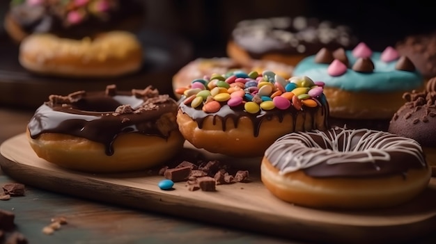 Een dienblad met donuts met chocolade en hagelslag erop