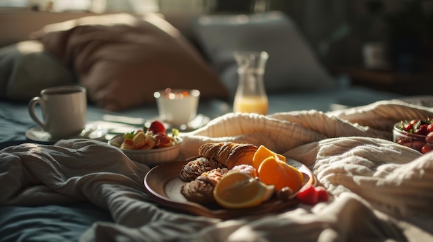 Foto een dienblad met eten op het bed met een glas sinaasappelsap op valentijnsdag.