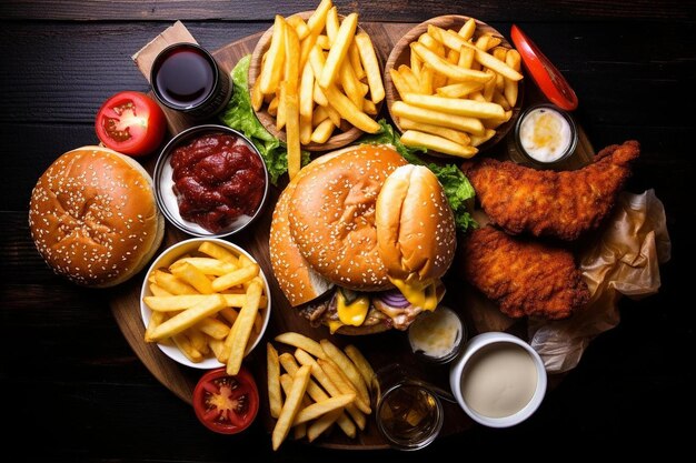 Foto een dienblad met eten, waaronder een hamburger, friet en friet