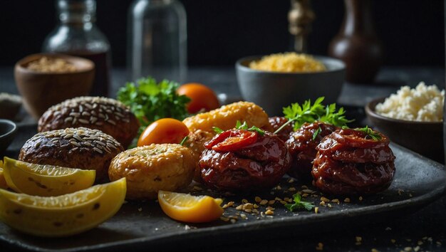 een dienblad met eten, waaronder gehaktballen, citroenen en citroenen