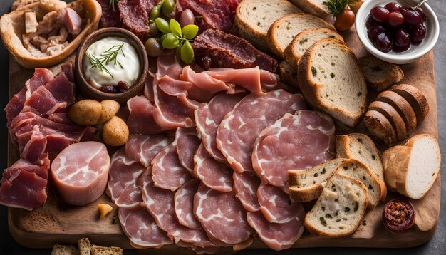 een dienblad met eten, waaronder salami ham en kaas