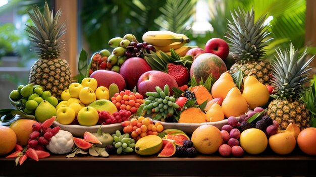 Een dienblad met fruit, waaronder bananen, ananas en andere vruchten.