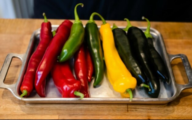 Een dienblad met groene, gele en rode paprika's