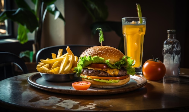 Een dienblad met hamburger en friet op de houten tafel Een glas sinaasappeldrank en tomaat op de achtergrond Generatieve AI