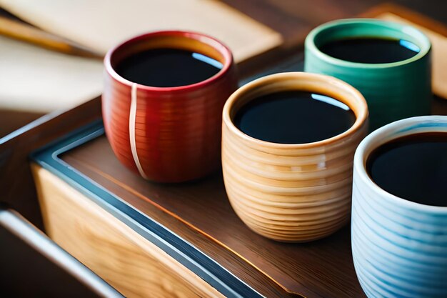 een dienblad met keramische bekers met een houten frame en een zwarte koffiebeker erop.