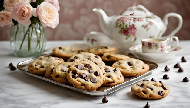 een dienblad met koekjes met een bloem op de tafel en een theepot op de tafel