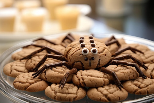 een dienblad met koekjes met een spin erop in de stijl van kenmerkende neuzen