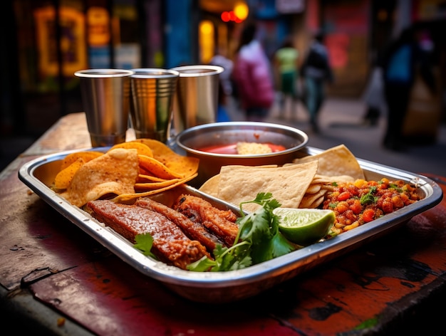 Een dienblad met Mexicaans straatvoedsel op Mexico Street Nationale keuken close-up bokeh op de achtergrond