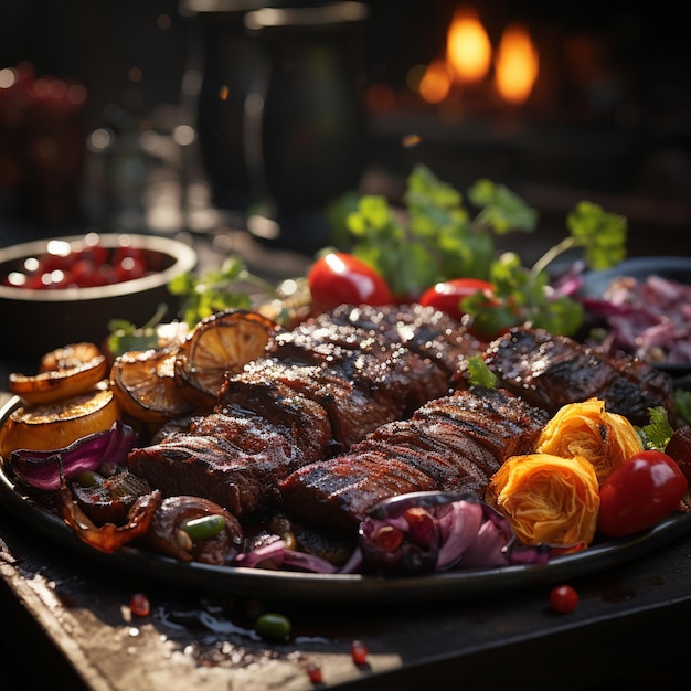 Een dienblad met steaks met groenten en een vuur op de achtergrond.