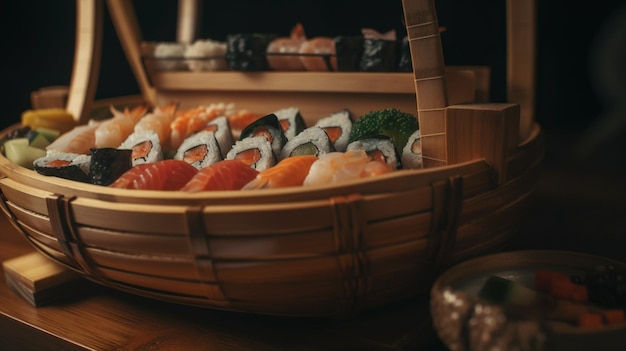 Foto een dienblad met sushi en ander eten op tafel