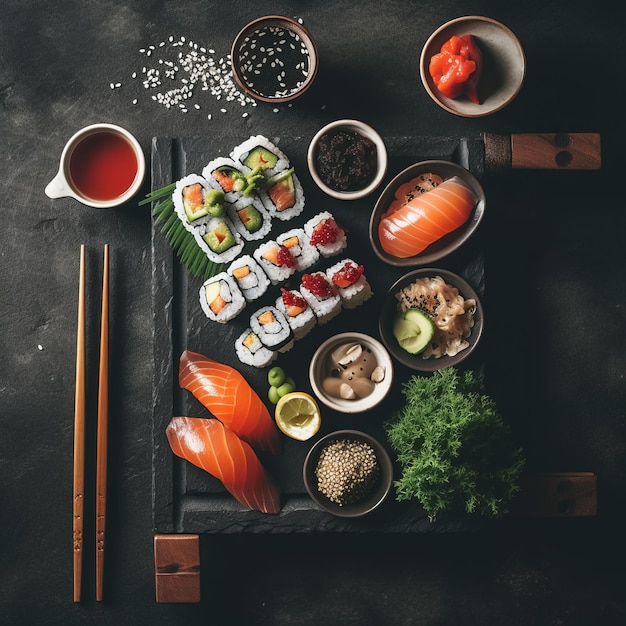 Een dienblad met sushi en ander eten, waaronder een verscheidenheid aan vis en rijst.