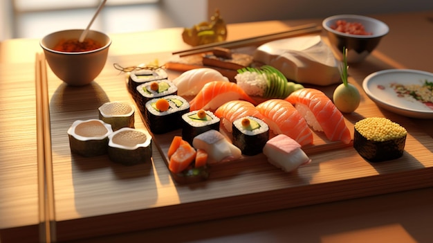 Een dienblad met sushi en ander voedsel op een tafel