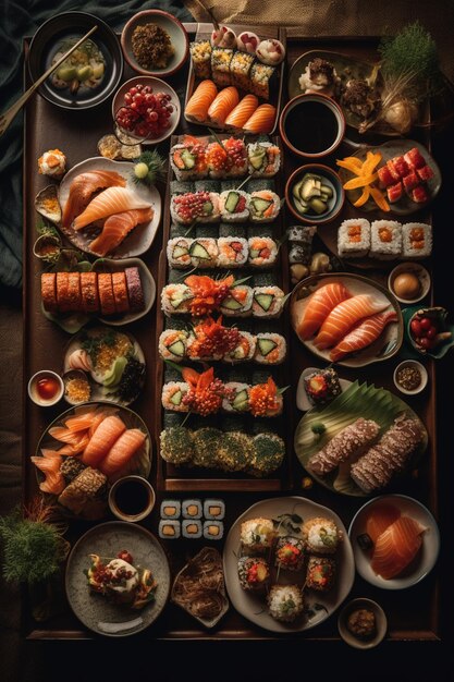 Een dienblad met sushi en broodjes met een afbeelding van het woord sushi erop.