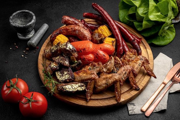 Een dienblad met verschillende gegrilde producten gegrilde steak gegrilde worstjes gegrilde groenten assortiment vlees