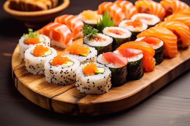 een dienblad met verschillende soorten sushi en rollen op een tafel