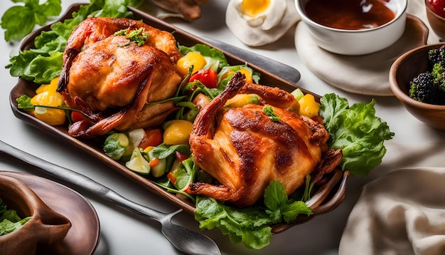 Foto een dienblad met voedsel, waaronder kippeneieren en groenten