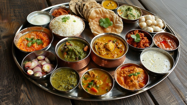een dienblad met voedsel, waaronder rijstcurry en andere gerechten