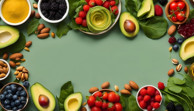 een dienblad met vruchten, met inbegrip van avocado's, bessen en avocados