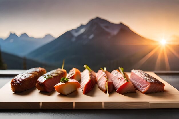 Foto een dienblad sushi met een berg op de achtergrond.