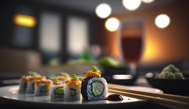 Foto een dienblad sushi met een stuk sushi erop.