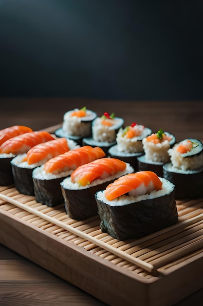 Een dienblad sushi met zalm erop