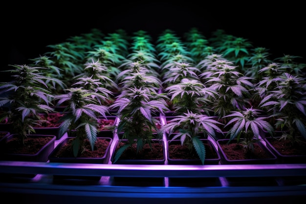 Foto een dienblad vol geknipte cannabisplanten onder kweeklampen