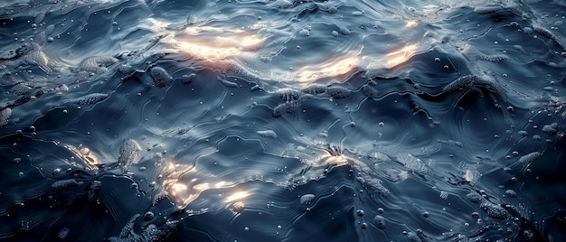 Een diep marineblauw zeebodem weerspiegeld in het licht golven en golven's nachts Een prachtige donkere water achtergrond met ontwerp ruimte Web banner Panoramische Closeup