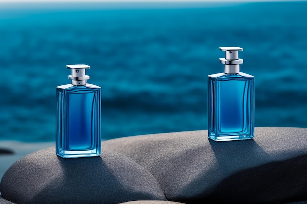 Een diepblauwe parfumfles op een rots Productfotografie