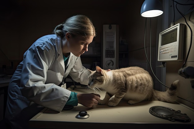 Een dierenarts die een echografisch onderzoek uitvoert bij een kat in een veterinair ziekenhuis