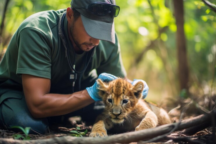 Een dierenarts helpt een klein leeuwenwelp in zijn natuurlijke leefomgeving Het concept van het redden en beschermen van wilde dieren