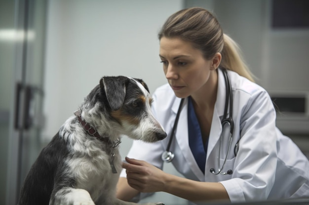 Een dierenarts met een hond in een dierenkliniek