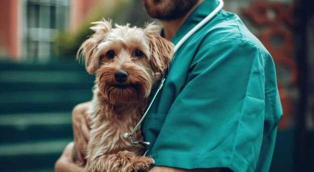 Foto een dierenarts onderzoekt een hond in de kliniekveterinaire kliniek