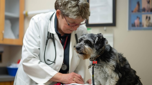 Een dierenarts onderzoekt een hond in haar kliniek de hond zit op een tafel terwijl de dierenarts zijn poot vasthoudt