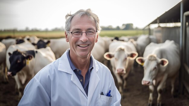 Een dierenarts staat voor koeien en lacht voor de camera Gemaakt met generatieve AI-technologie