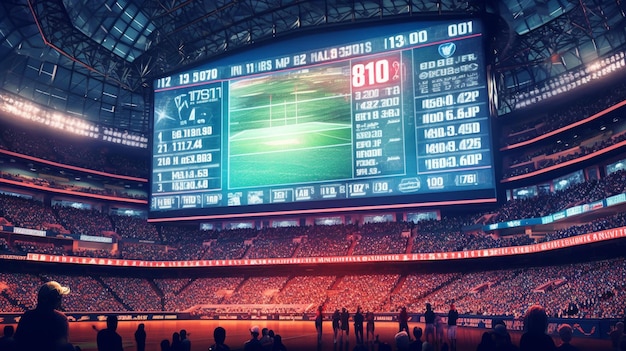 Een digitaal billboard in een stadion met een beursindex met een stijgende trend gegenereerd door AI