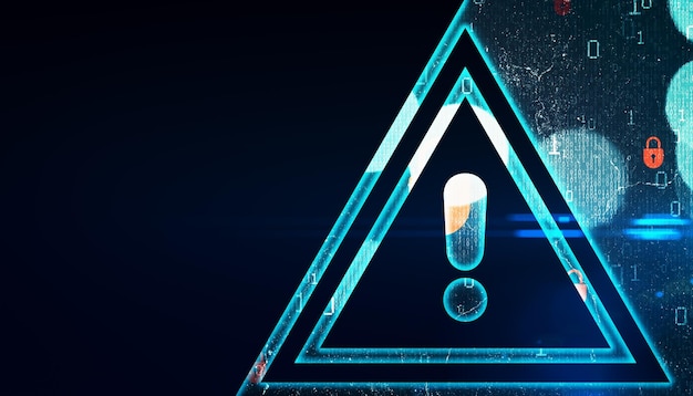 Een digitaal kunstwerk van een gloeiend blauw uitroepteken in een driehoek met een capsule op een donkere binaire code achtergrond concept van cybersecurity 3D Rendering