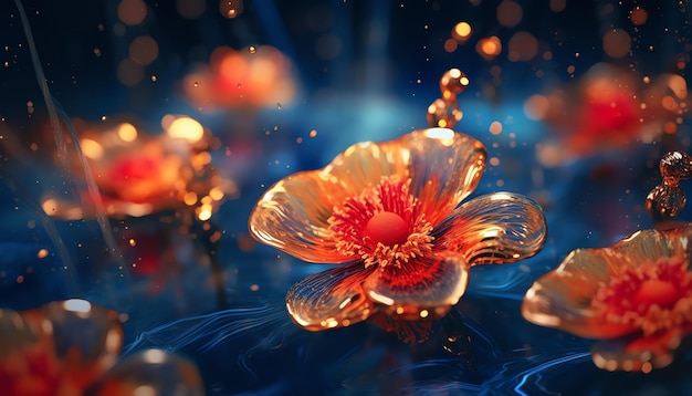 Een digitaal schilderij van bloemen met waterdruppels die op het oppervlak drijven