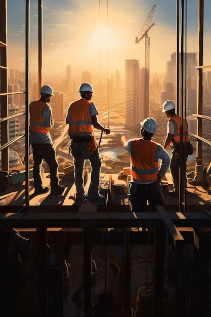 een digitaal schilderij van bouwvakkers op een bouwplaats