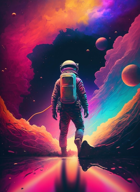 Een digitaal schilderij van een astronaut die door de ruimte loopt