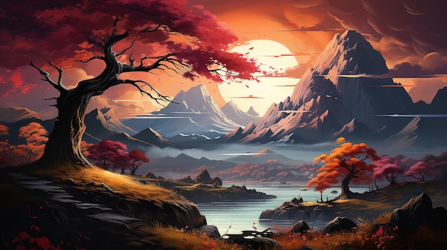Een digitaal schilderij van een berg met een kleurrijke boom op de voorgrond